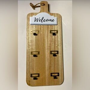Wall Paddle 6 Hooks Key Ring Rack Keychain 18” Light Wood Matte Brass~New